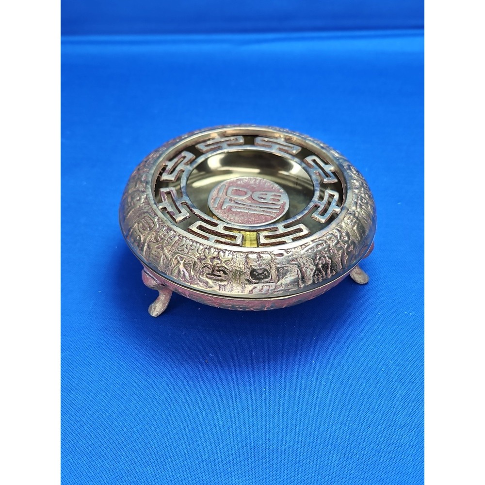 Vintage Asian Brass Ashtray Incense Burner Footed Oriental Mid Century Korean